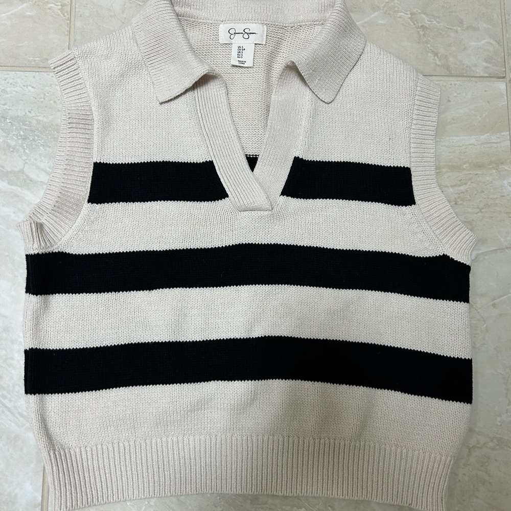 Jessica Simpson Black and Cream Striped V-Neck Sweater Vest
